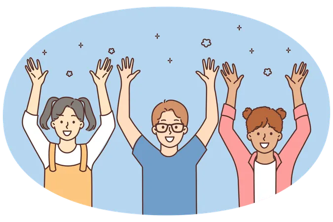 Lächelnde Kinder heben die Hände und spielen zusammen  Illustration