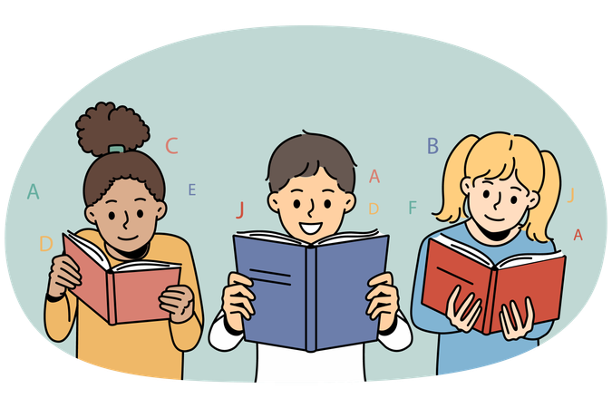 Lächelnde Kinder lesen Bücher  Illustration