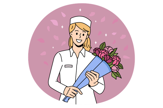 Lächelnde Krankenschwester mit Blumenstrauß im Kampf gegen das Coronavirus  Illustration