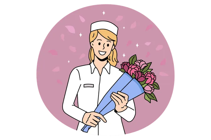 Lächelnde Krankenschwester mit Blumenstrauß im Kampf gegen das Coronavirus  Illustration