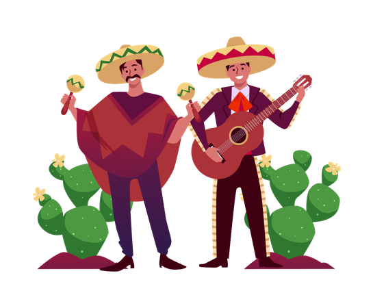 Lächelnde Männer in Ponchos und Sombreros spielen Gitarre und Maracas  Illustration