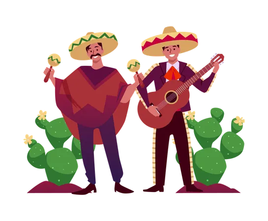 Lächelnde Männer in Ponchos und Sombreros spielen Gitarre und Maracas  Illustration