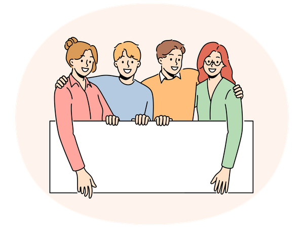 Lächelnde Menschen halten ein Plakatmodell  Illustration