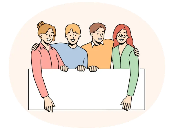 Lächelnde Menschen halten ein Plakatmodell  Illustration