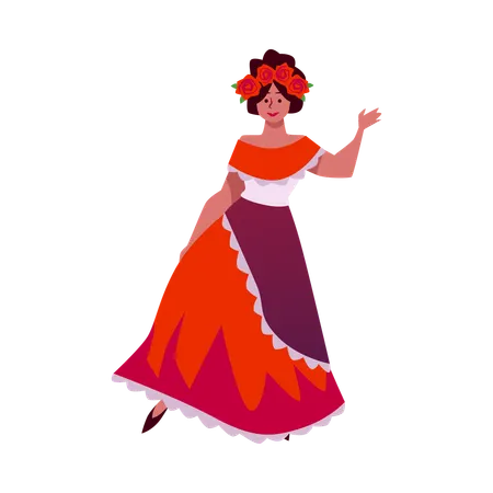 Lächelnd tanzende Mexikanerin im roten Kleid und mit Rosenkranz auf dem Kopf  Illustration