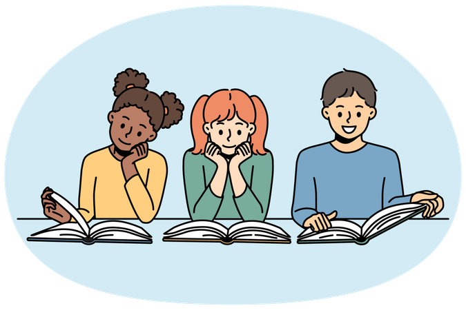 Lächelnde, verschiedenartige Kinder sitzen am Tisch und lesen Bücher.  Illustration