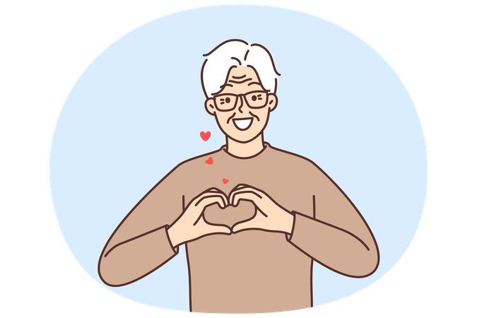Lächelnder alter Mann zeigt Herzsymbol und ist dankbar  Illustration