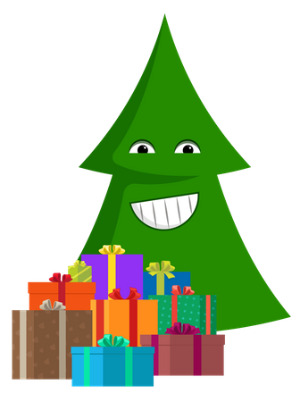 Lächelnder Cartoon-Weihnachtsbaum mit Geschenkboxen  Illustration