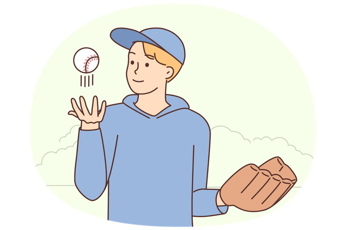 Lächelnder junger Mann in Sportkleidung mit Baseballhandschuh und Ball  Illustration