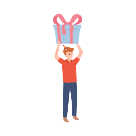 Lächelnder junger Mann mit kegelförmigem Partyhut, der eine große Geschenkbox über dem Kopf hält  Illustration