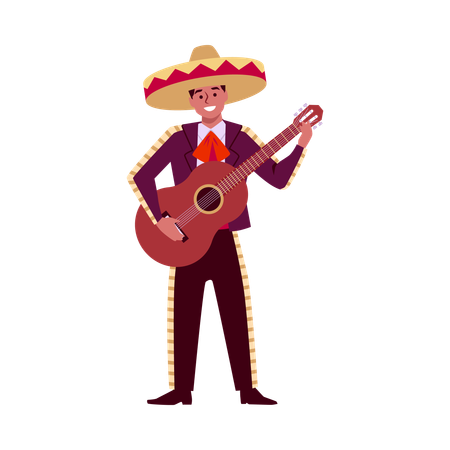 Lächelnder junger Mexikaner im Sombrero, der Gitarre spielt  Illustration