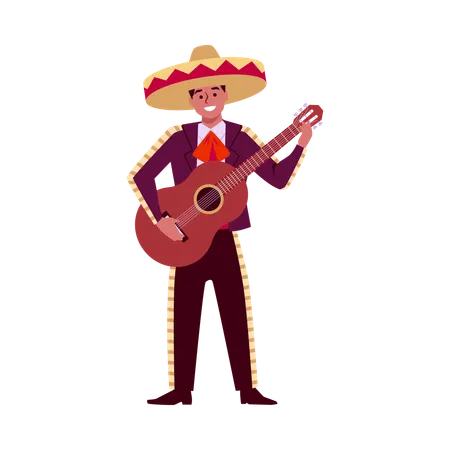 Lächelnder junger Mexikaner im Sombrero, der Gitarre spielt  Illustration