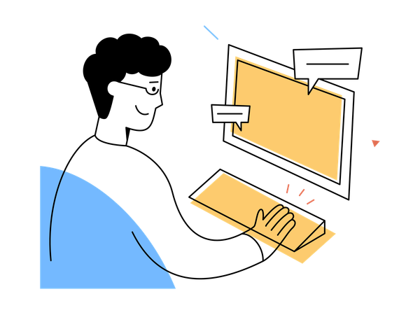 Lächelnder Mann arbeitet an der Computertastatur im modernen digitalen Arbeitsbereich  Illustration