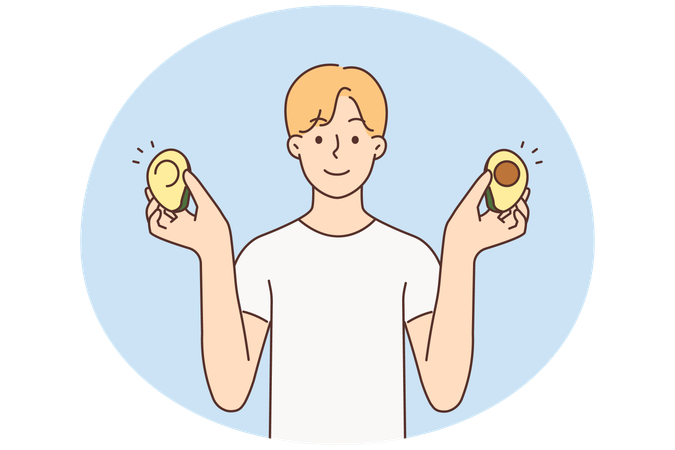 Lächelnder Mann mit Avocado in den Händen ernährt sich gesund.  Illustration