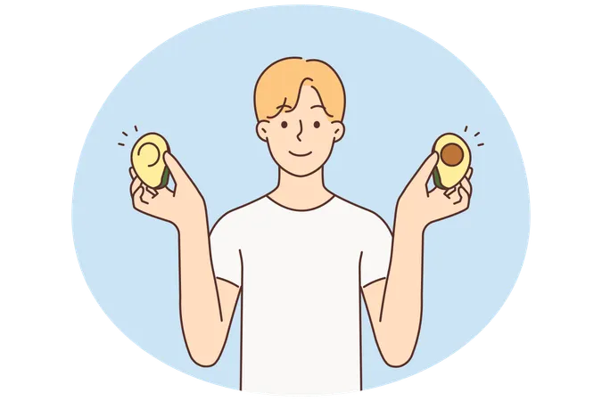 Lächelnder Mann mit Avocado in den Händen ernährt sich gesund.  Illustration