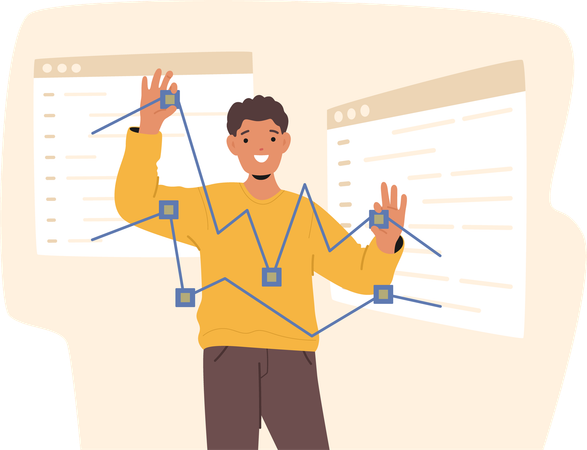 Lächelnder Mann interagiert mit der digitalen Schnittstelle zum Anpassen von Knoten  Illustration