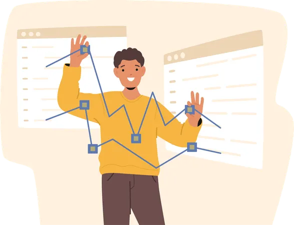Lächelnder Mann interagiert mit der digitalen Schnittstelle zum Anpassen von Knoten  Illustration