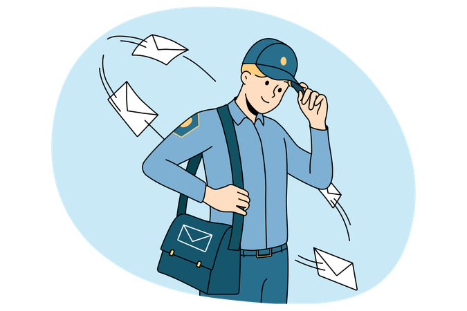Lächelnder Postbote in Uniform mit Tasche voller Post zum Ausliefern  Illustration