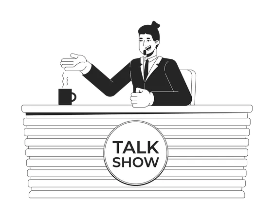 Lächelnder Talkshow-Moderator sitzt am Tisch  Illustration