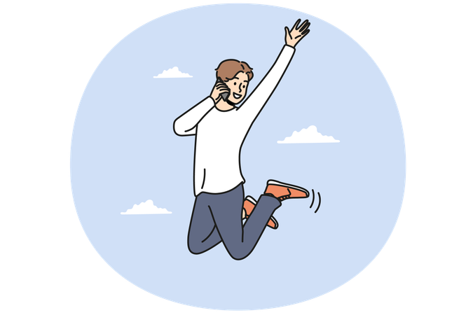 Lächelnder Kerl ist aufgeregt und triumphierend und spricht auf dem Smartphone  Illustration