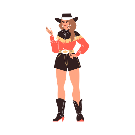 Lächelndes Cowgirl mit Hut und besonderer Kleidung  Illustration