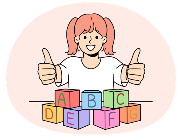 Lächelndes Kind lernt mit Blöcken mit Buchstaben  Illustration