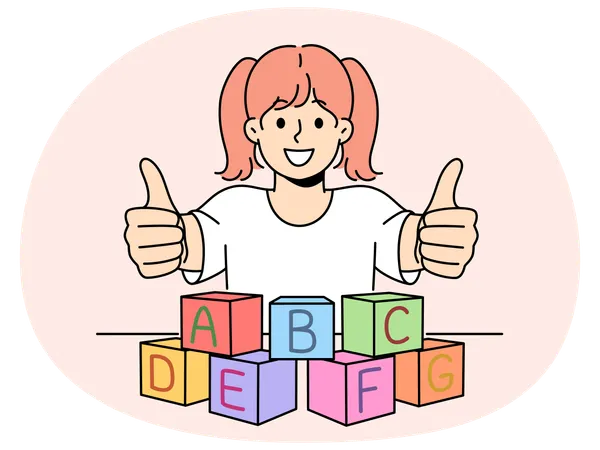 Lächelndes Kind lernt mit Blöcken mit Buchstaben  Illustration