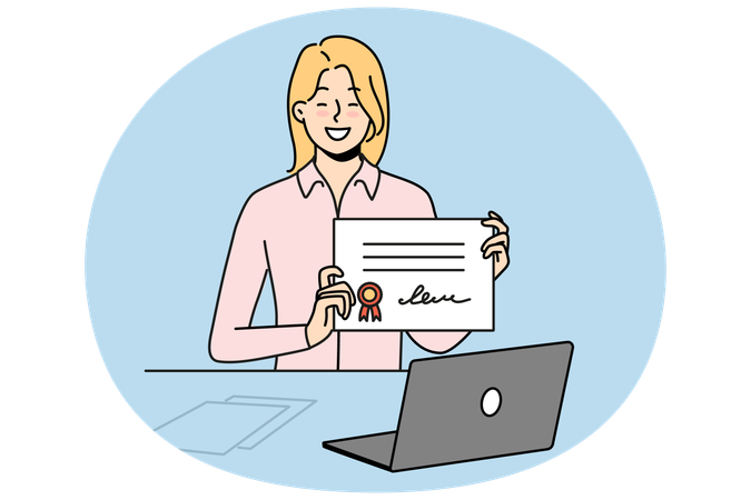 Lächelndes Mädchen mit Online-Abschlusszeugnis  Illustration