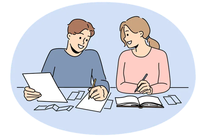 Lächelndes Paar sitzt am Schreibtisch und verwaltet die Finanzen  Illustration