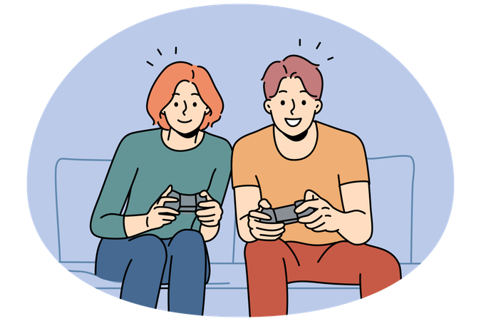 Lächelndes Paar sitzt zu Hause auf dem Sofa und spielt gemeinsam Videospiele  Illustration