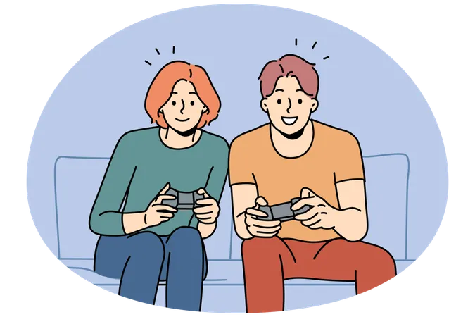 Lächelndes Paar sitzt zu Hause auf dem Sofa und spielt gemeinsam Videospiele  Illustration