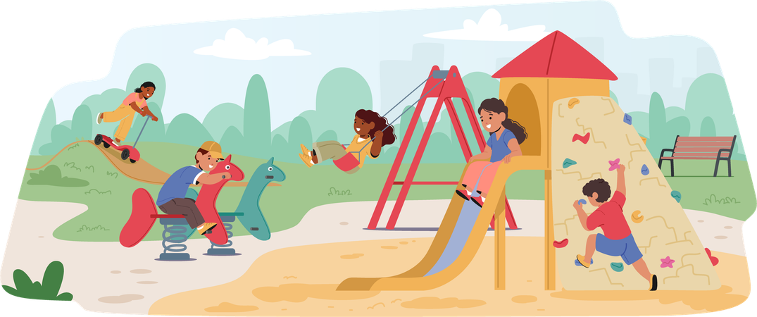 Lachende Kinder stürmen den Spielplatz und klettern mit furchtloser Freude  Illustration