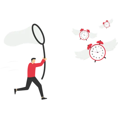 Lack Of Time Frustrated Businessman Hurry Chasing To Catch Flying Away Alarm Clock And Stop Watch Illustration