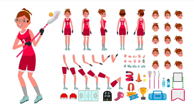 Lacrosse Player Female Vector Animated Character Creation Set Girl S Lacrosse Woman Player Full Length Front Side Accessories Poses Face Emotions Gestures Isolated Cartoon Illustration Illustration