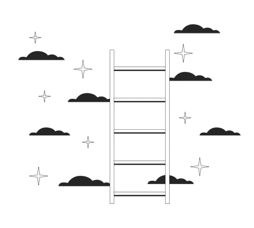 Ladder To Stars Clouds Black And White 2 D Line Cartoon Object Reaching Moving Up Ladder Cloudscape Isolated Vector Outline Item Accomplishment Achievement Dream Monochromatic Flat Spot Illustration Illustration