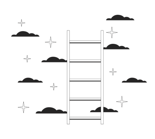 Ladder to stars clouds black and white 2D line cartoon object  Illustration