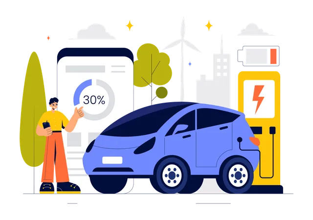 Laden der Batterie eines Elektroautos  Illustration