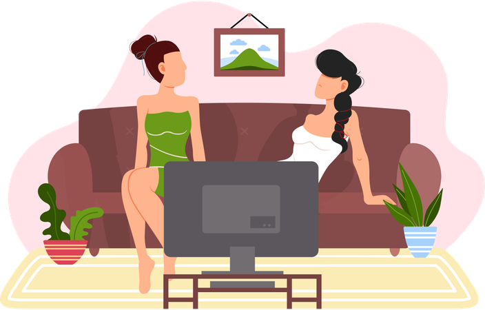 Ladies are communicating in living room after sauna  Illustration