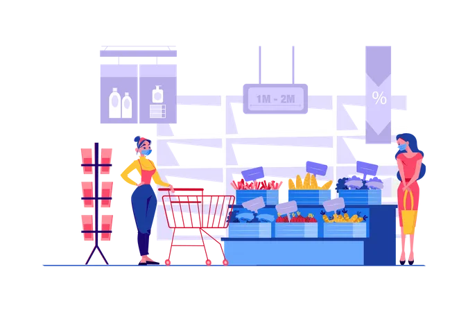 Ladies at grocery store maintaining social distance  Illustration