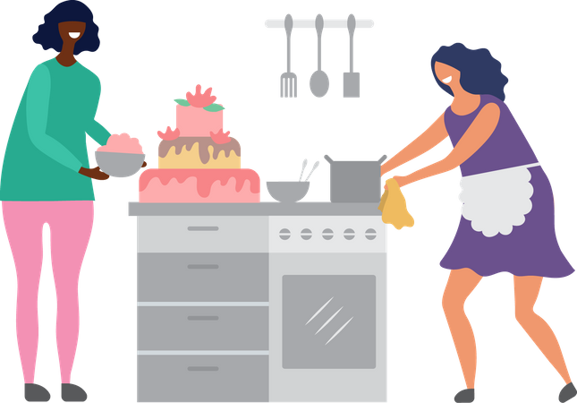 Ladies cooking in kitchen Illustration