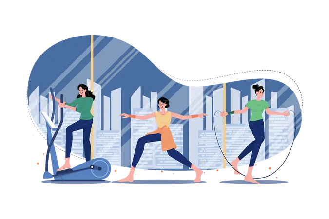 Ladies Doing Exercise And Gym Activity  Illustration