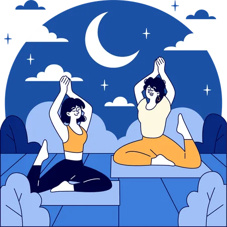 Ladies doing yoga during night  Illustration