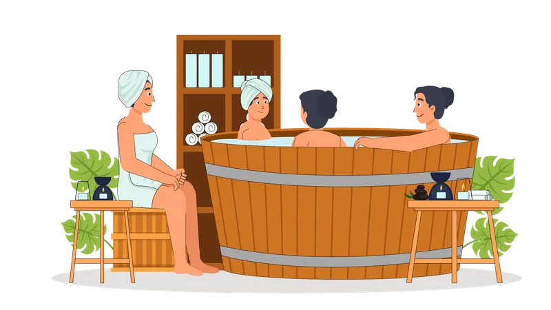 Ladies enjoying hot bath at spa  Illustration