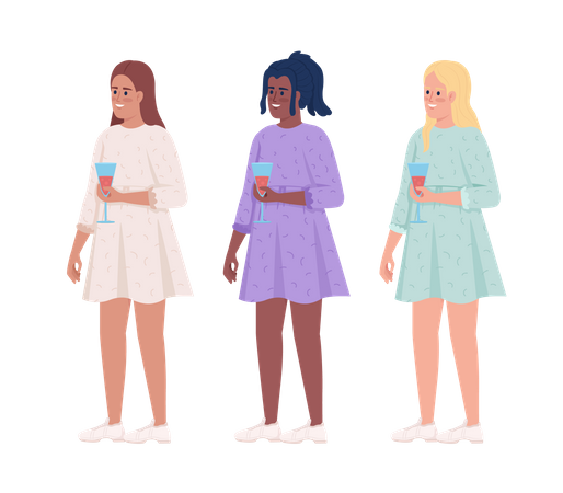 Ladies wearing beautiful dresses drinking wine  Illustration