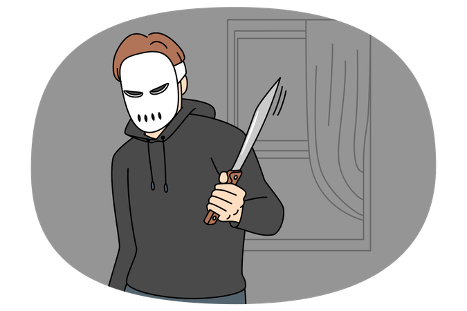 Ladrão mascarado com faca em assalto  Ilustração
