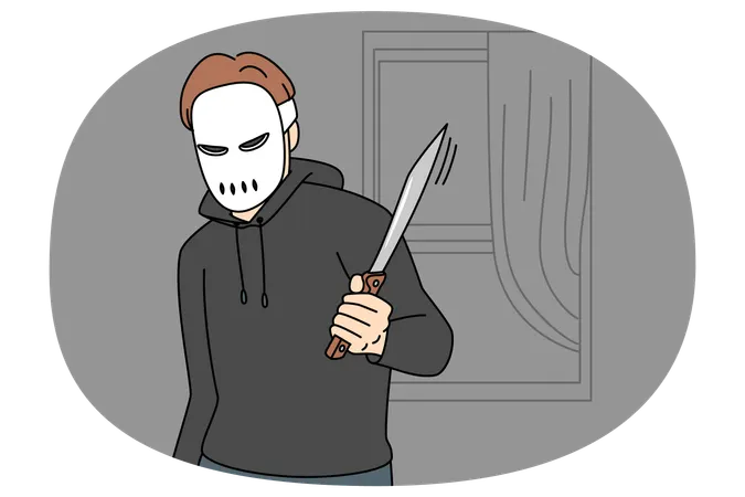 Ladrão mascarado com faca em assalto  Ilustração