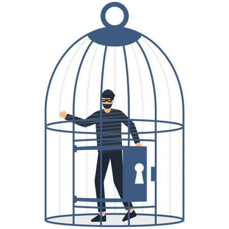 Ladrão preso na gaiola  Ilustração