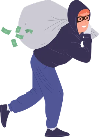 Ladrão usando máscara facial e capuz carregando saco de dinheiro  Ilustração