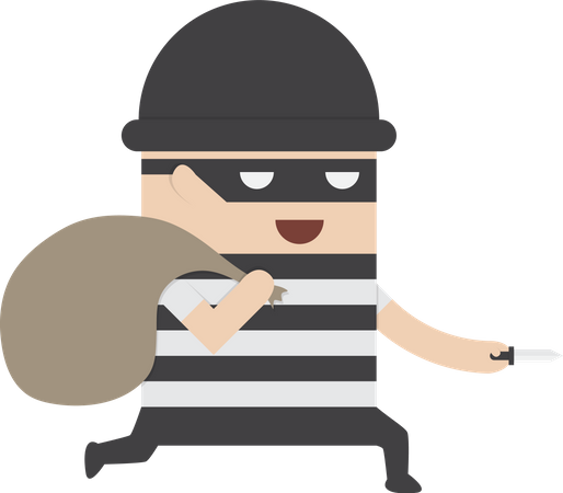 Ladrón con cuchillo en la mano y llevando una bolsa de dinero  Ilustración