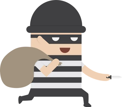 Ladrón con cuchillo en la mano y llevando una bolsa de dinero  Ilustración